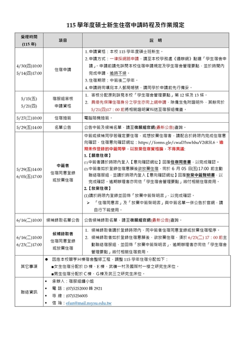 2026-04-10【公告】115學年度碩士班新生住宿申請作業規定圖片